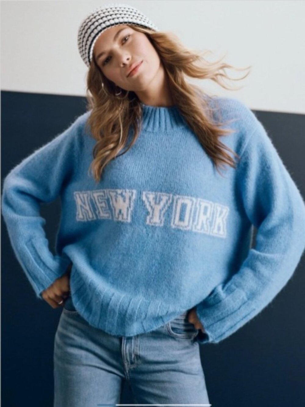 AE Blue White Oversized Faux Mohair Wide Cuff New York Graphic Crew Sweater